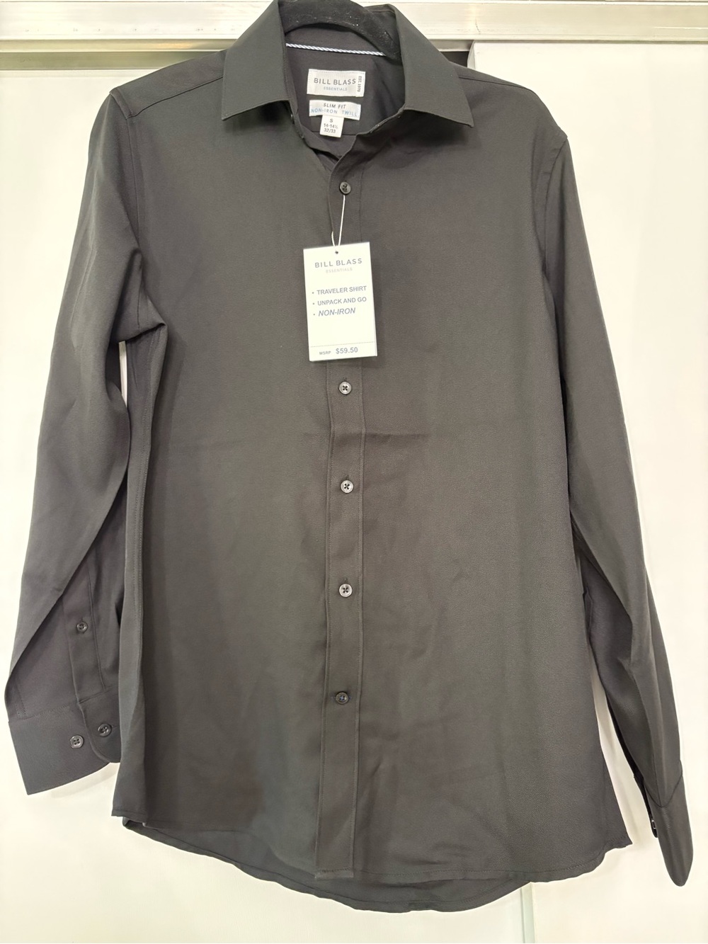 NWT Bill Blass Men's size Small Classic Black Non-Iron Twill Long Sleeve Shirt